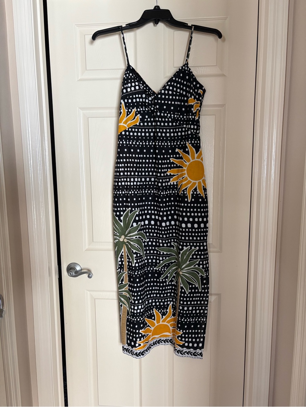 Black Sun & Palm Print Spaghetti Strap Midi Dress